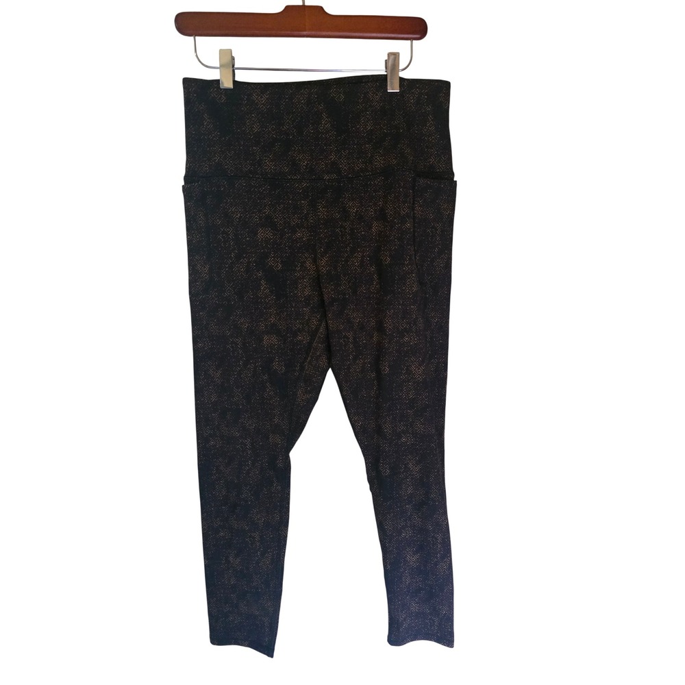 Vively Womens High Waisted Leggings Black Bronze Geometric Diamond Pockets L